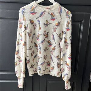 Boden Cream Sweater Bird Print Loose Cozy Fit Size 4